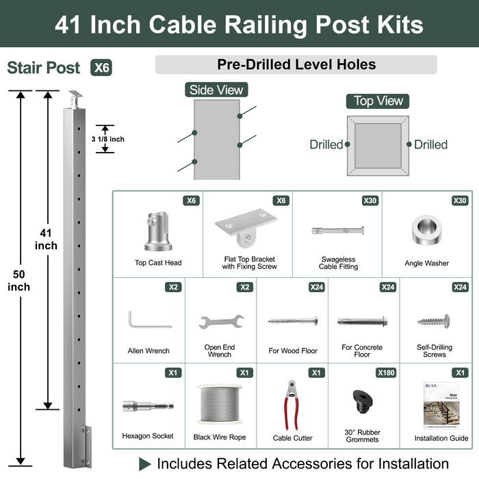 BLIKA 36'' & 42'' Brushed Stainless Steel Side Mount Stair Cable Railing System DIY Kit (4FT - 20FT,  No Handrail) - 1/8" Cable & Hardware