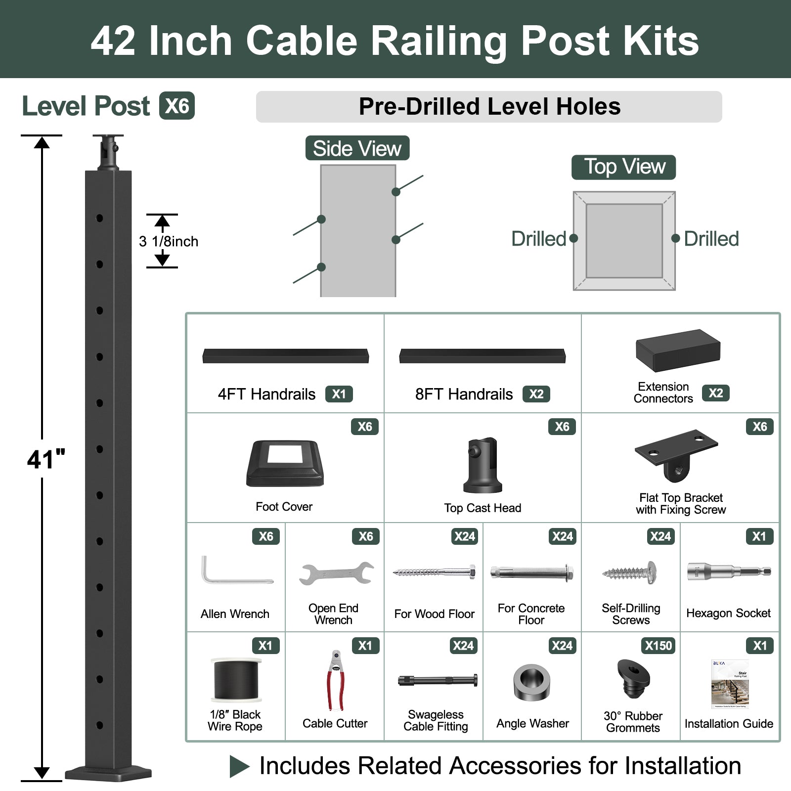 BLIKA 36'' & 42'' Black Surface Mount Stair Cable Railing System DIY Kit (4FT - 20FT, Angled Drilled) - 1/8