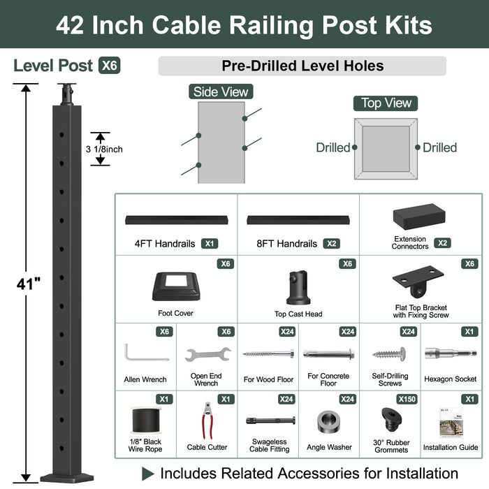 BLIKA 36'' & 42'' Black Surface Mount Stair Cable Railing System DIY Kit (4FT - 20FT, Angled Drilled) - 1/8" Cable & Hardware