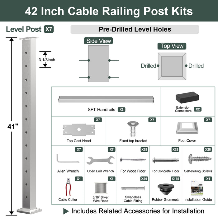 BLIKA 36'' & 42'' Brushed Stainless Steel Surface Mount Cable Railing System DIY Kit (4FT - 28FT, Level Drilled, ) - 3/16" Cable & Hardware