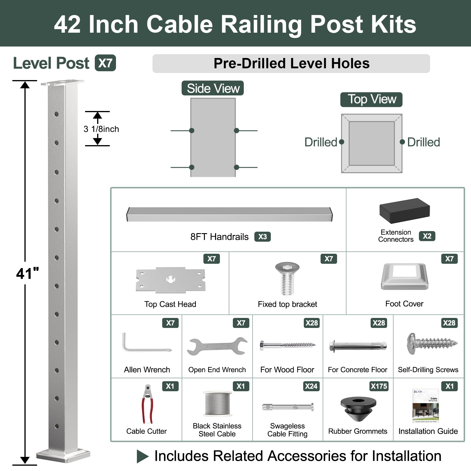 BLIKA 36'' & 42'' Brushed Stainless Steel Surface Mount Cable Railing System DIY Kit (4FT - 28FT, Level Drilled, )