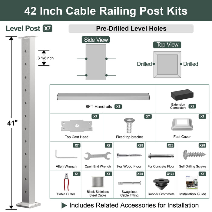 BLIKA 36'' & 42'' Brushed Stainless Steel Surface Mount Cable Railing System DIY Kit (4FT - 28FT, Level Drilled, )