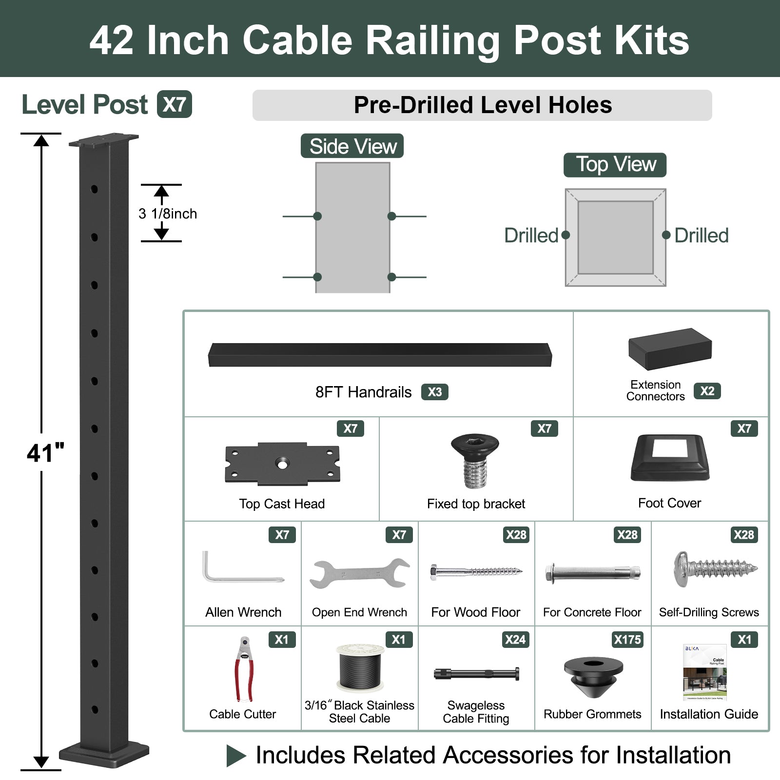 BLIKA 36'' & 42'' Black Surface Mount Cable Railing System DIY Kit (4FT - 28FT, Level Drilled, ) - 3/16