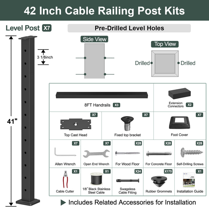 BLIKA 36'' & 42'' Black Surface Mount Cable Railing System DIY Kit (4FT - 28FT, Level Drilled, ) - 1/8" Cable & Hardware