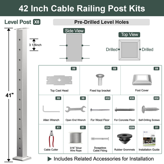 BLIKA 36'' & 42'' Brushed Stainless Steel Surface Mount Cable Railing System DIY Kit (4FT - 28FT, Level Drilled, No Handrail) - 3/16" Cable & Hardware