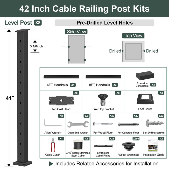 BLIKA 36'' & 42'' Black Surface Mount Cable Railing System DIY Kit (4FT - 28FT, Level Drilled, ) - 3/16" Cable & Hardware