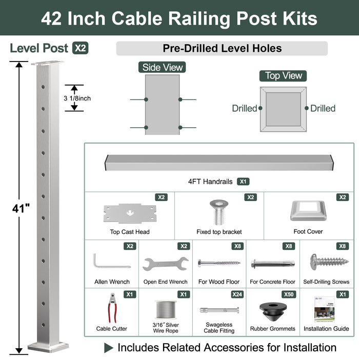 BLIKA 36'' & 42'' Brushed Stainless Steel Surface Mount Cable Railing System DIY Kit (4FT - 28FT, Level Drilled, ) - 3/16" Cable & Hardware