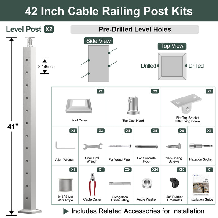 BLIKA 36'' & 42''  Brushed Stainless Steel Surface Mount Stair Cable Railing System DIY Kit (4FT - 20FT, Angled Drilled, No Handrail) - 3/16" Cable & Hardware