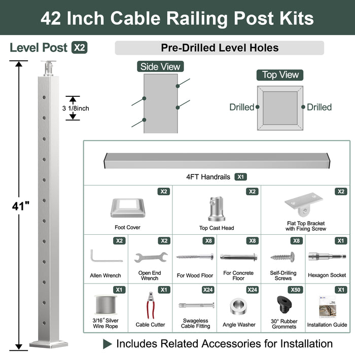 BLIKA 36'' & 42'' Brushed Stainless Steel Surface Mount Stair Cable Railing System DIY Kit (4FT - 20FT, Angled Drilled) - 3/16" Cable & Hardware