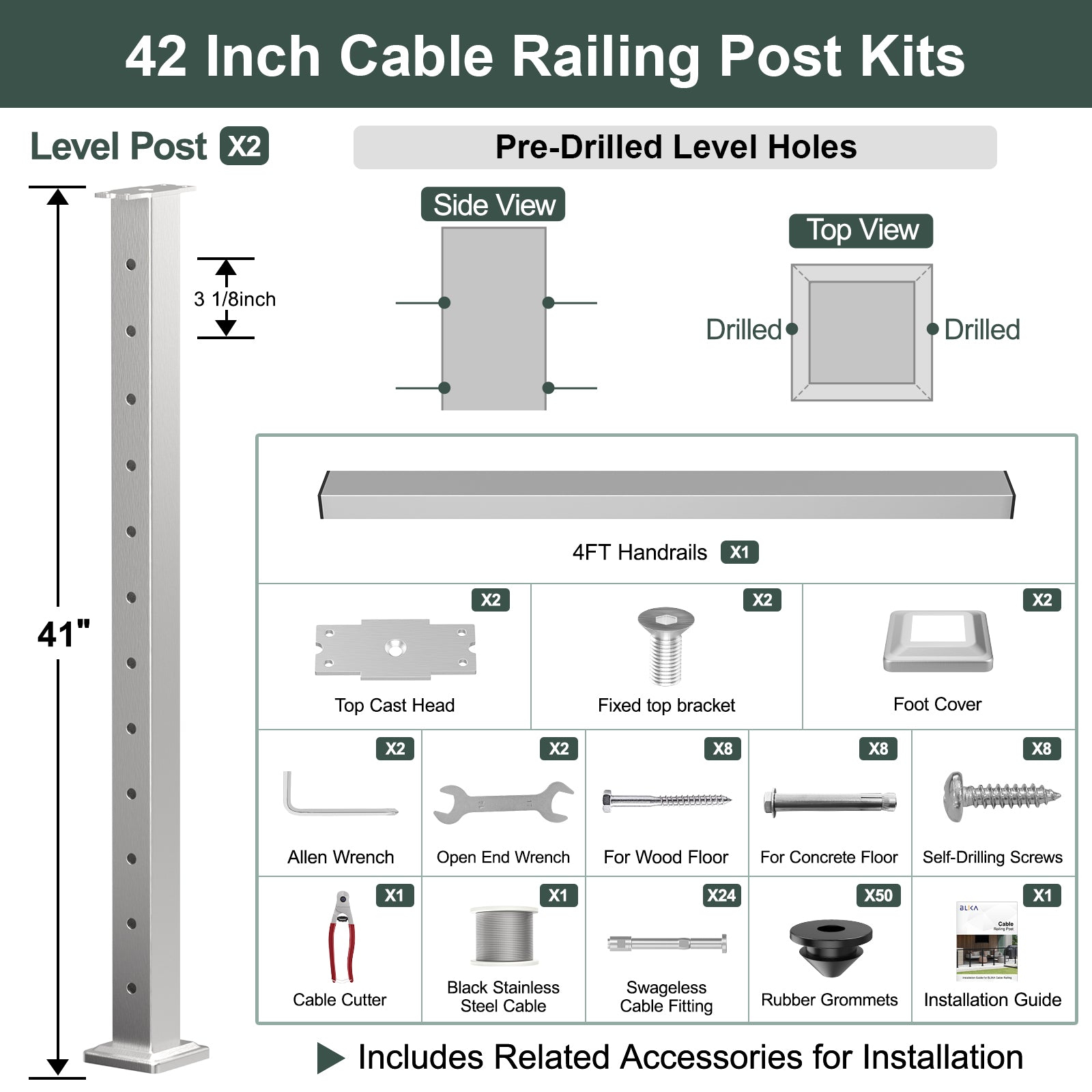 BLIKA 36'' & 42'' Brushed Stainless Steel Surface Mount Cable Railing System DIY Kit (4FT - 28FT, Level Drilled, )