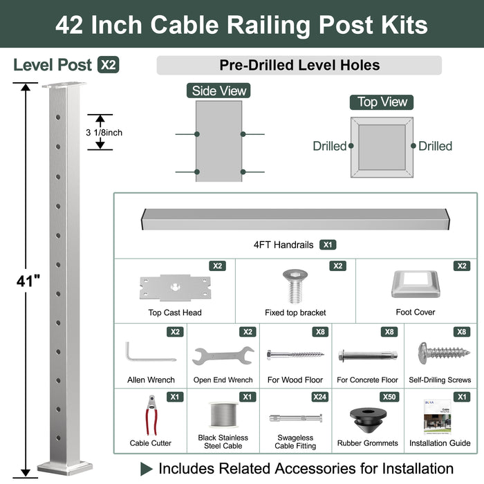 BLIKA 36'' & 42'' Brushed Stainless Steel Surface Mount Cable Railing System DIY Kit (4FT - 28FT, Level Drilled, )