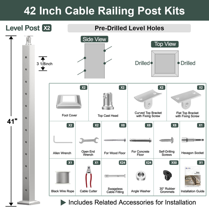BLIKA 36'' & 42''  Brushed Stainless Steel Surface Mount Stair Cable Railing System DIY Kit (4FT - 20FT, Angled Drilled, No Handrail)