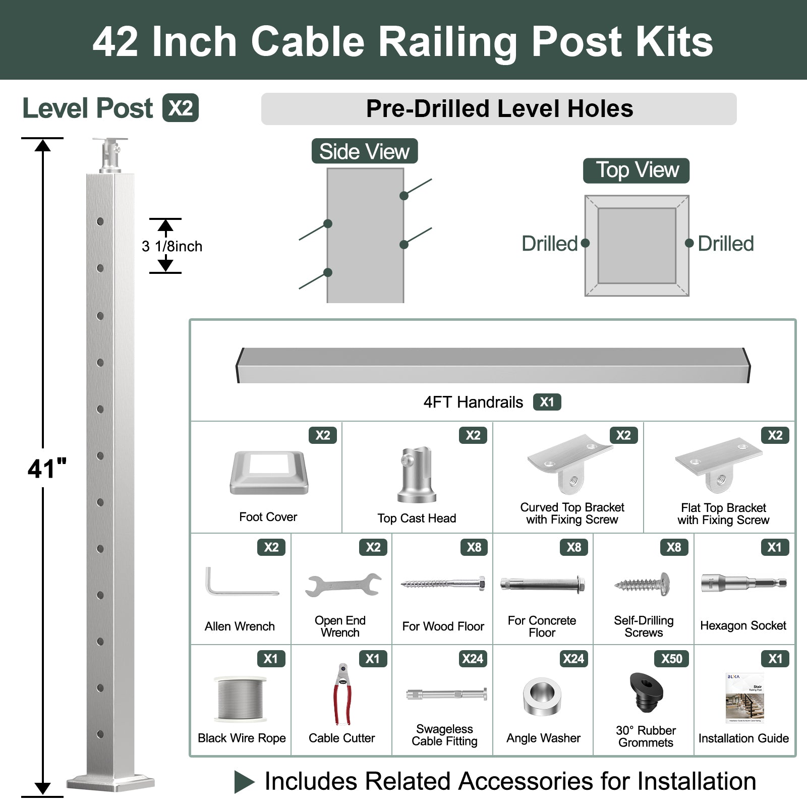 BLIKA 36'' & 42'' Brushed Stainless Steel Surface Mount Stair Cable Railing System DIY Kit (4FT - 20FT, Angled Drilled)