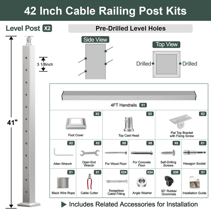 BLIKA 36'' & 42'' Brushed Stainless Steel Surface Mount Stair Cable Railing System DIY Kit (4FT - 20FT, Angled Drilled) - 1/8" Cable & Hardware