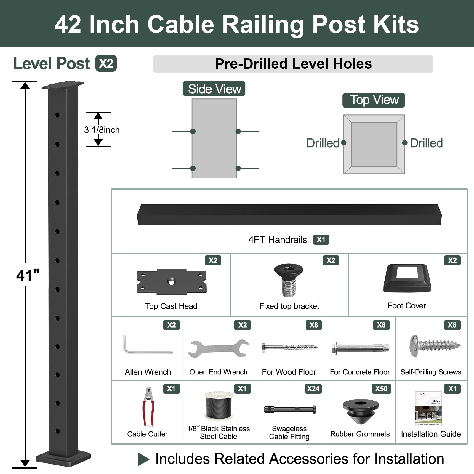BLIKA 36'' & 42'' Black Surface Mount Cable Railing System DIY Kit (4FT - 28FT, Level Drilled, ) - 1/8