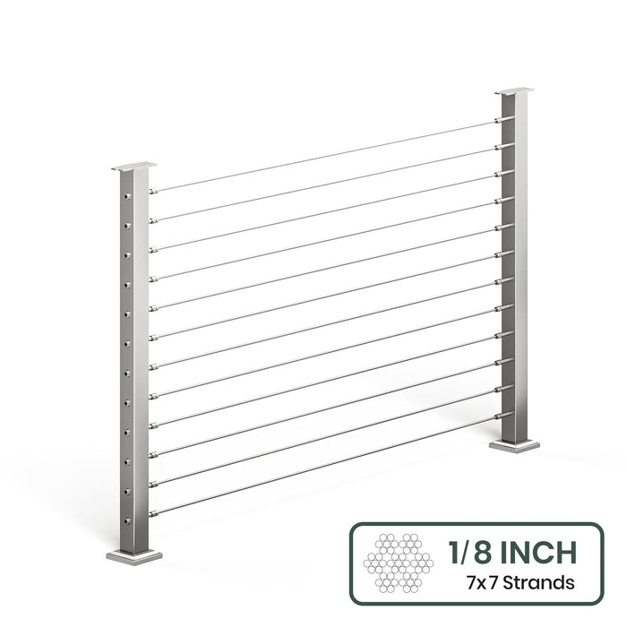 BLIKA 36'' & 42'' Brushed Stainless Steel Surface Mount Cable Railing System DIY Kit (4FT - 28FT, Level Drilled, No Handrail) - 1/8" Cable & Hardware