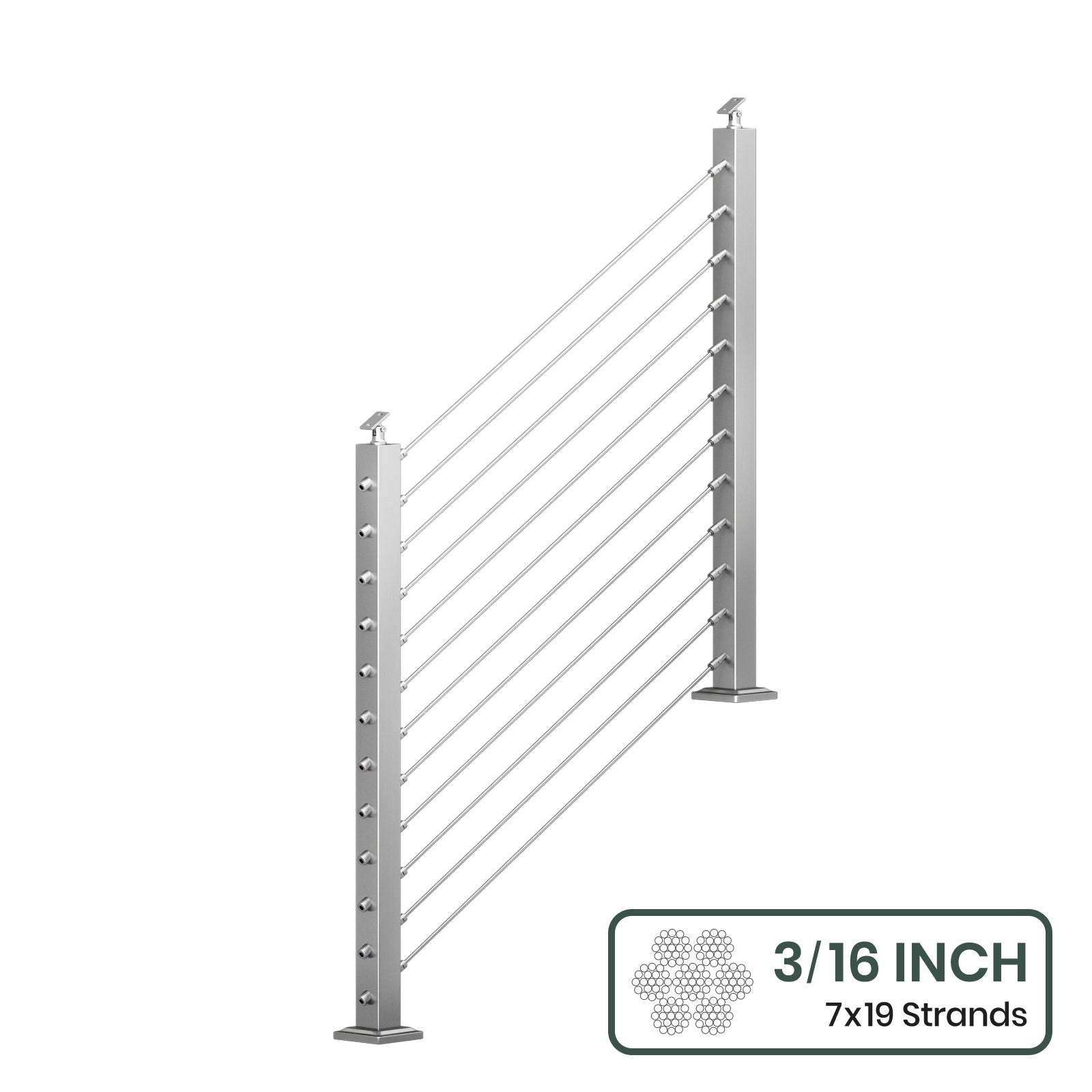 BLIKA 36'' & 42''  Brushed Stainless Steel Surface Mount Stair Cable Railing System DIY Kit (4FT - 20FT, Angled Drilled, No Handrail) - 3/16