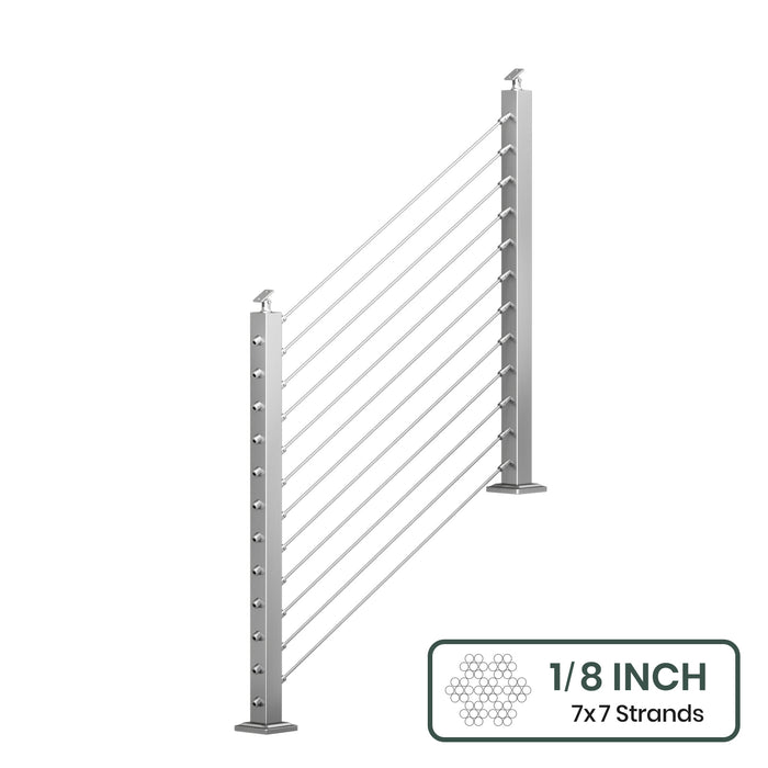 BLIKA 36'' & 42''  Brushed Stainless Steel Surface Mount Stair Cable Railing System DIY Kit (4FT - 20FT, Angled Drilled, No Handrail) - 1/8" Cable & Hardware