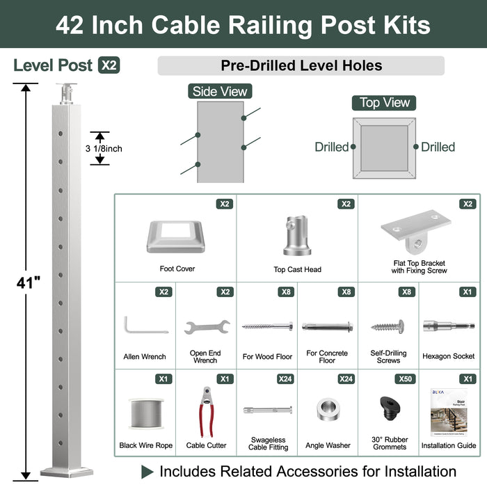 BLIKA 36'' & 42''  Brushed Stainless Steel Surface Mount Stair Cable Railing System DIY Kit (4FT - 20FT, Angled Drilled, No Handrail) - 1/8" Cable & Hardware