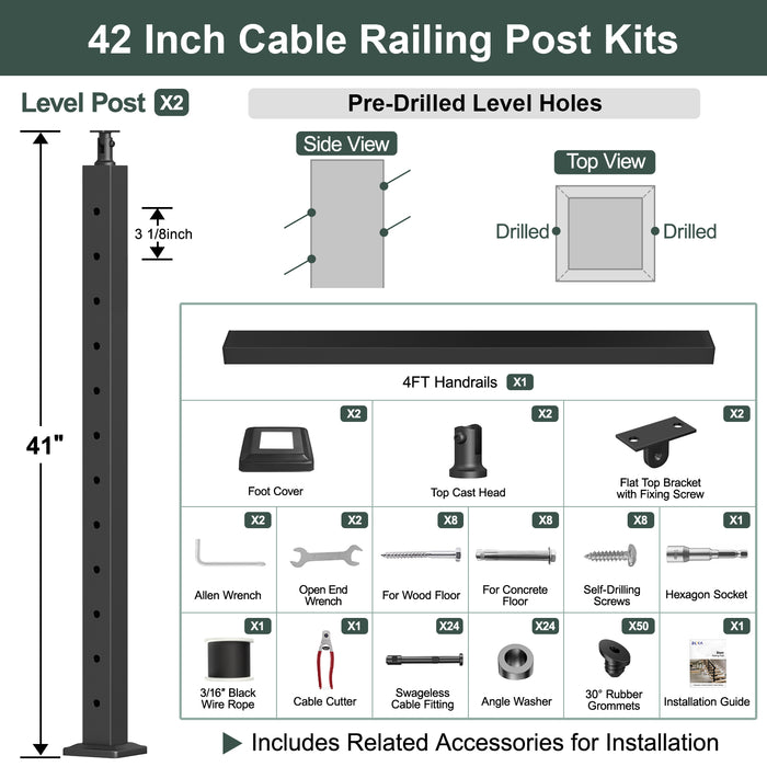 BLIKA 36'' & 42'' Black Surface Mount Stair Cable Railing System DIY Kit (4FT - 20FT, Angled Drilled) - 3/16" Cable & Hardware