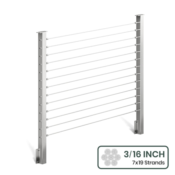 BLIKA 36'' & 42'' Brushed Stainless Steel Side Mount Cable Railing System DIY Kit (4FT - 28FT,  No Handrail) - 3/16" Cable & Hardware