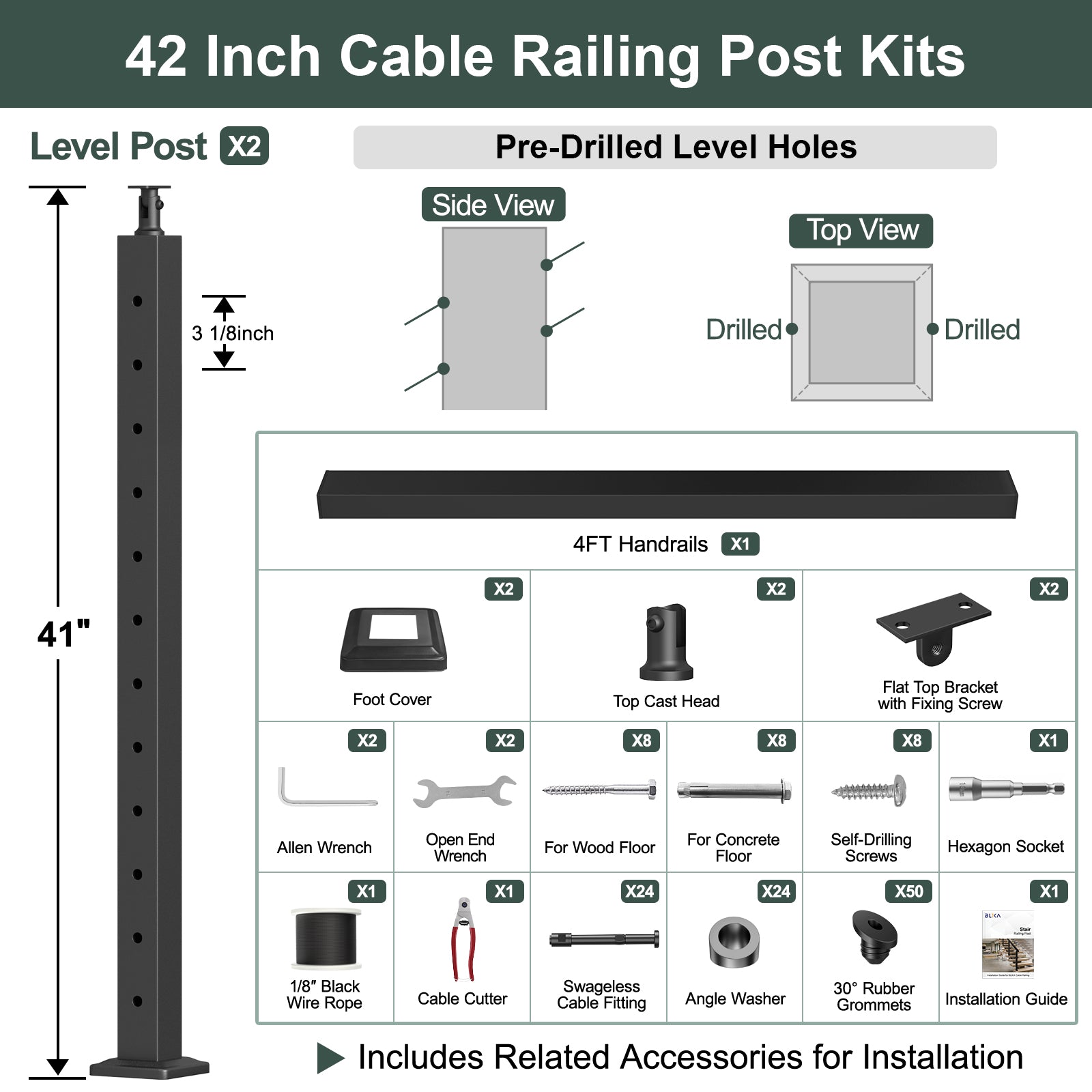 BLIKA 36'' & 42'' Black Surface Mount Stair Cable Railing System DIY Kit (4FT - 20FT, Angled Drilled) - 1/8