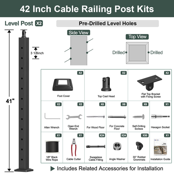 BLIKA 36'' & 42'' Black Surface Mount Stair Cable Railing System DIY Kit (4FT - 20FT, Angled Drilled, No Handrail) - 1/8" Cable & Hardware
