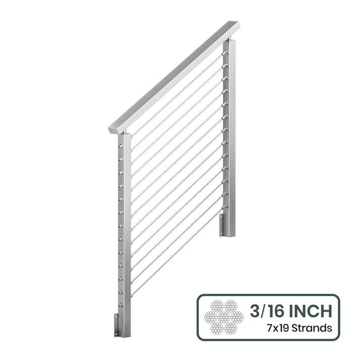 BLIKA 36'' & 42''  Brushed Stainless Steel Side Mount  Stair Cable Railing System DIY Kit (4FT - 20FT, Angled Drilled) - 3/16" Cable & Hardware