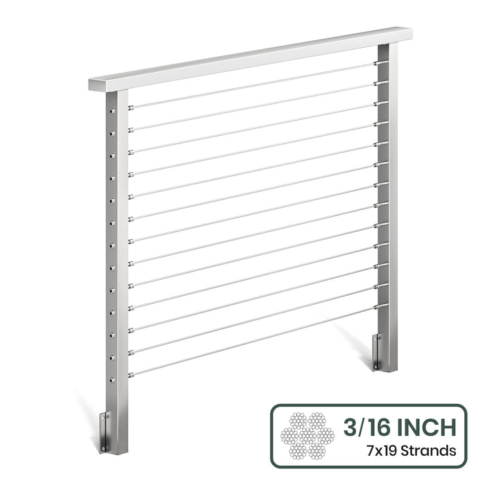 BLIKA 36'' & 42'' Brushed Stainless Steel Side Mount Cable Railing System DIY Kit (4FT - 28FT, Level Drilled) - 3/16" Cable & Hardware