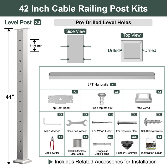 BLIKA 36'' & 42'' Brushed Stainless Steel Surface Mount Cable Railing System DIY Kit (4FT - 28FT, Level Drilled, )