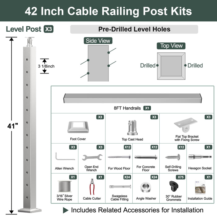 BLIKA 36'' & 42'' Brushed Stainless Steel Surface Mount Stair Cable Railing System DIY Kit (4FT - 20FT, Angled Drilled) - 3/16" Cable & Hardware