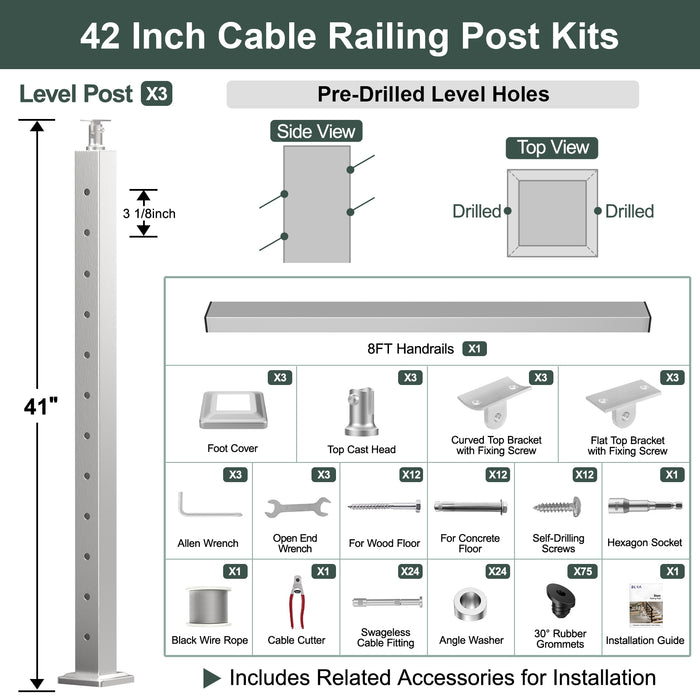 BLIKA 36'' & 42'' Brushed Stainless Steel Surface Mount Stair Cable Railing System DIY Kit (4FT - 20FT, Angled Drilled)