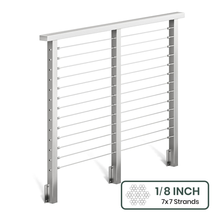 BLIKA 36'' & 42'' Brushed Stainless Steel Side Mount Cable Railing System DIY Kit (4FT - 28FT, Level Drilled) - 1/8" Cable & Hardware