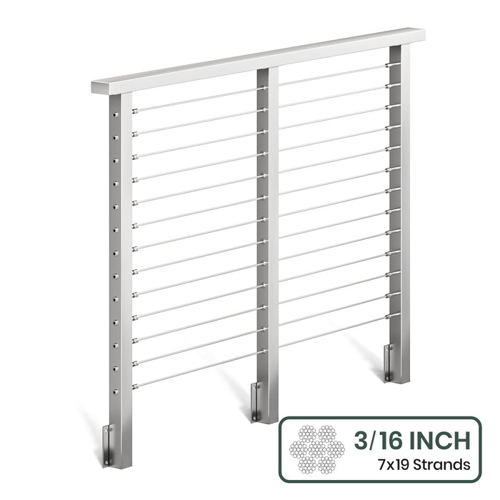 BLIKA 36'' & 42'' Brushed Stainless Steel Side Mount Cable Railing System DIY Kit (4FT - 28FT, Level Drilled) - 3/16" Cable & Hardware