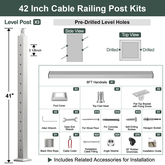 BLIKA 36'' & 42'' Brushed Stainless Steel Surface Mount Stair Cable Railing System DIY Kit (4FT - 20FT, Angled Drilled) - 1/8" Cable & Hardware