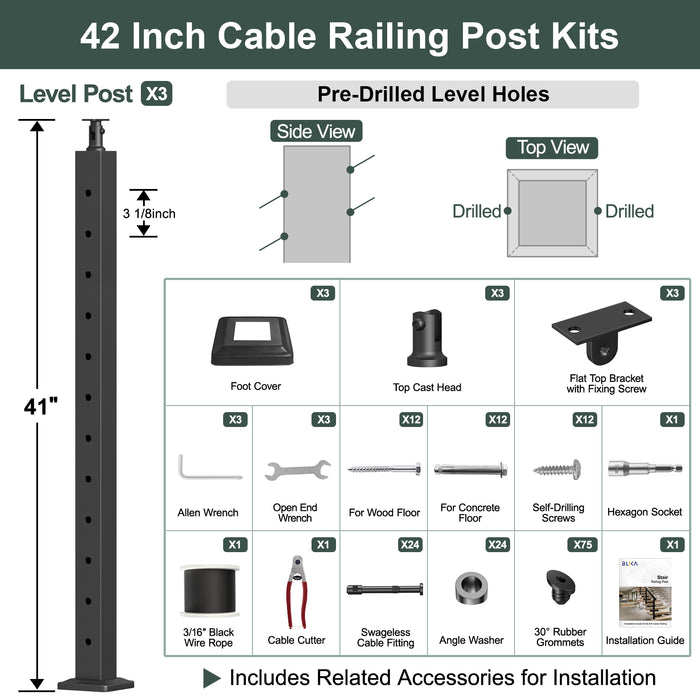 BLIKA 36'' & 42'' Black Surface Mount Stair Cable Railing System DIY Kit (4FT - 20FT, Angled Drilled, No Handrail) - 3/16" Cable & Hardware