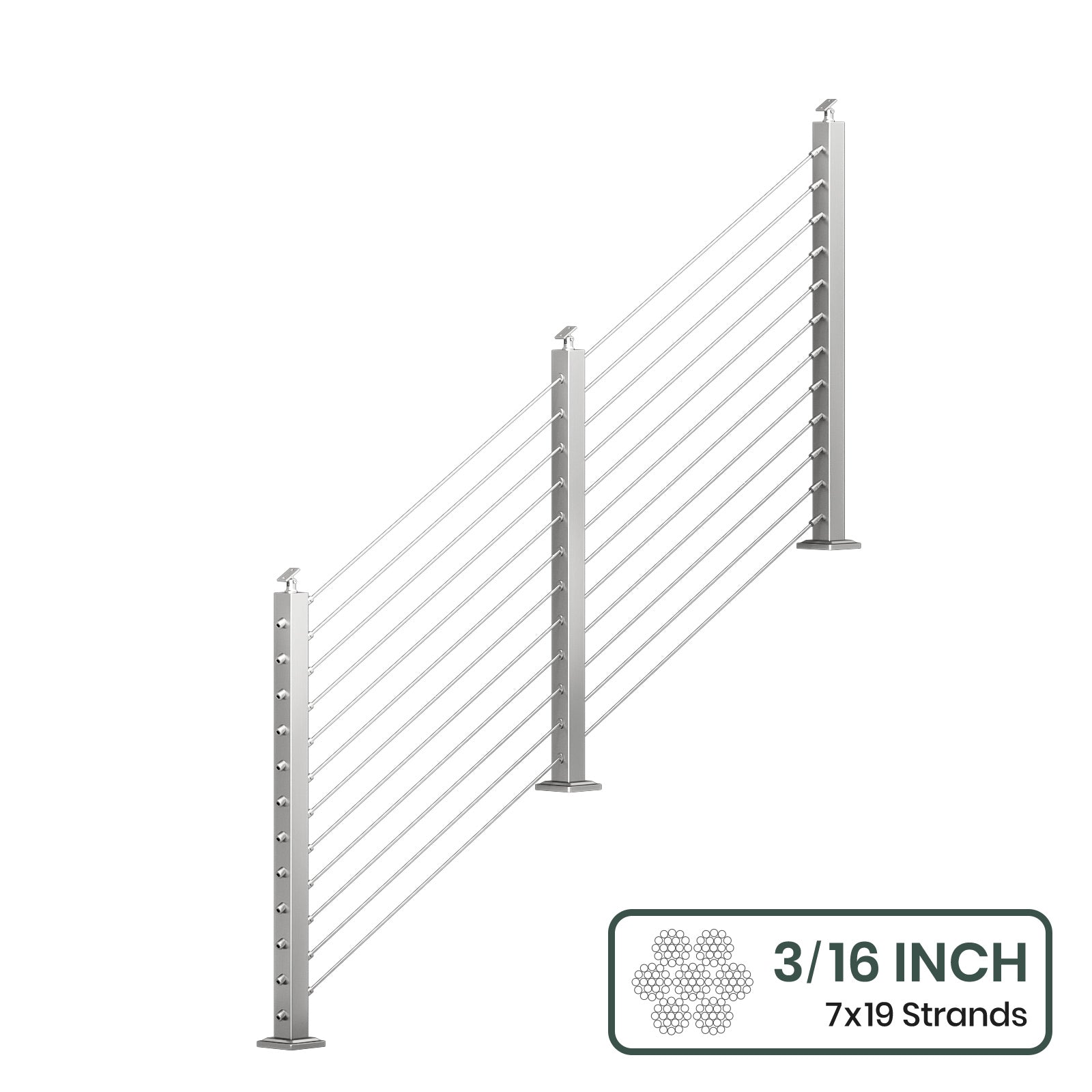 BLIKA 36'' & 42''  Brushed Stainless Steel Surface Mount Stair Cable Railing System DIY Kit (4FT - 20FT, Angled Drilled, No Handrail) - 3/16