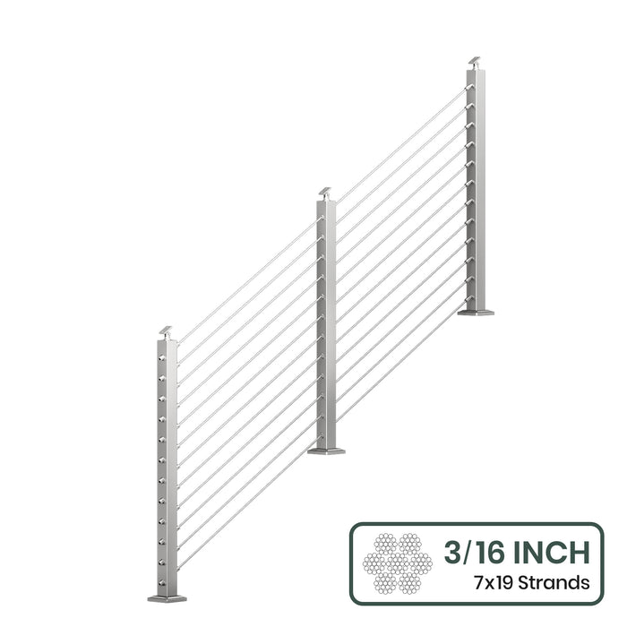 BLIKA 36'' & 42''  Brushed Stainless Steel Surface Mount Stair Cable Railing System DIY Kit (4FT - 20FT, Angled Drilled, No Handrail) - 3/16" Cable & Hardware