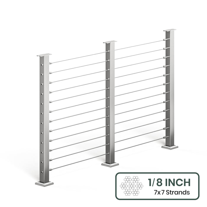 BLIKA 36'' & 42'' Brushed Stainless Steel Surface Mount Cable Railing System DIY Kit (4FT - 28FT, Level Drilled, No Handrail) - 1/8" Cable & Hardware