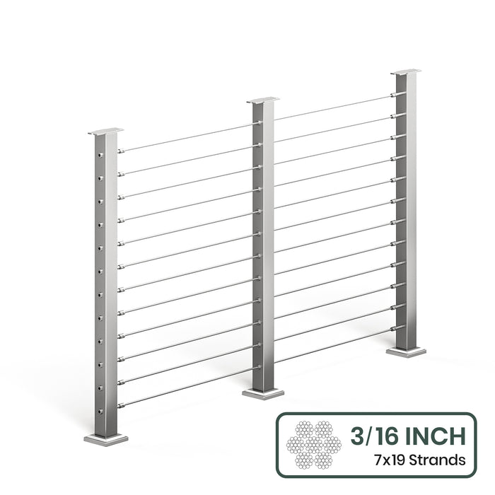BLIKA 36'' & 42'' Brushed Stainless Steel Surface Mount Cable Railing System DIY Kit (4FT - 28FT, Level Drilled, No Handrail) - 3/16" Cable & Hardware