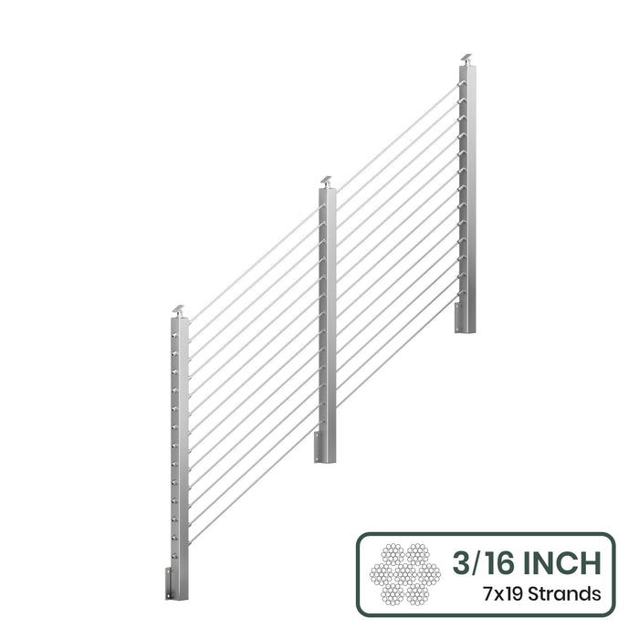 BLIKA 36'' & 42'' Brushed Stainless Steel Side Mount Stair Cable Railing System DIY Kit (4FT - 20FT,  No Handrail) - 3/16" Cable & Hardware