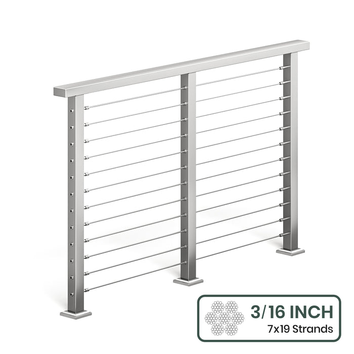BLIKA 36'' & 42'' Brushed Stainless Steel Surface Mount Cable Railing System DIY Kit (4FT - 28FT, Level Drilled, ) - 3/16" Cable & Hardware