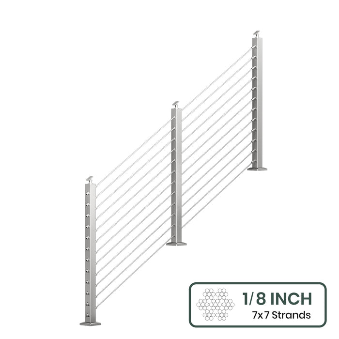 BLIKA 36'' & 42''  Brushed Stainless Steel Surface Mount Stair Cable Railing System DIY Kit (4FT - 20FT, Angled Drilled, No Handrail) - 1/8" Cable & Hardware