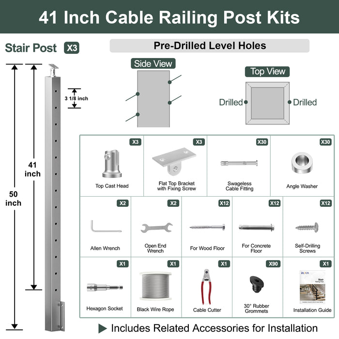 BLIKA 36'' & 42'' Brushed Stainless Steel Side Mount Stair Cable Railing System DIY Kit (4FT - 20FT,  No Handrail) - 1/8" Cable & Hardware