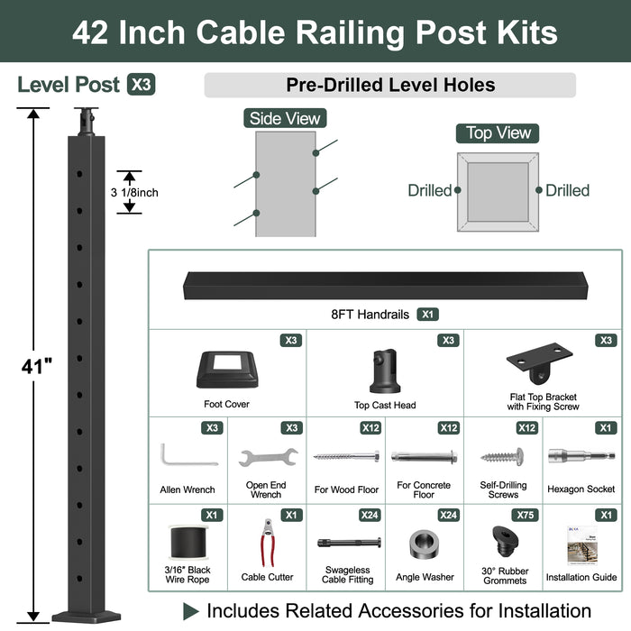 BLIKA 36'' & 42'' Black Surface Mount Stair Cable Railing System DIY Kit (4FT - 20FT, Angled Drilled) - 3/16" Cable & Hardware