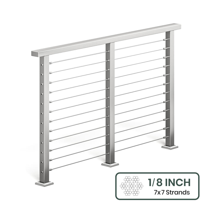 BLIKA 36'' & 42'' Brushed Stainless Steel Surface Mount Cable Railing System DIY Kit (4FT - 28FT, Level Drilled, ) - 1/8" Cable & Hardware