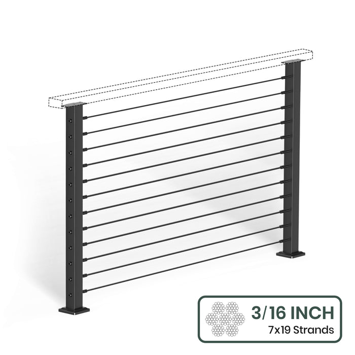 BLIKA 36'' & 42''  Black Surface Mount Cable Railing System DIY Kit (4FT - 28FT, Level Drilled, No Handrail) - 3/16" Cable & Hardware