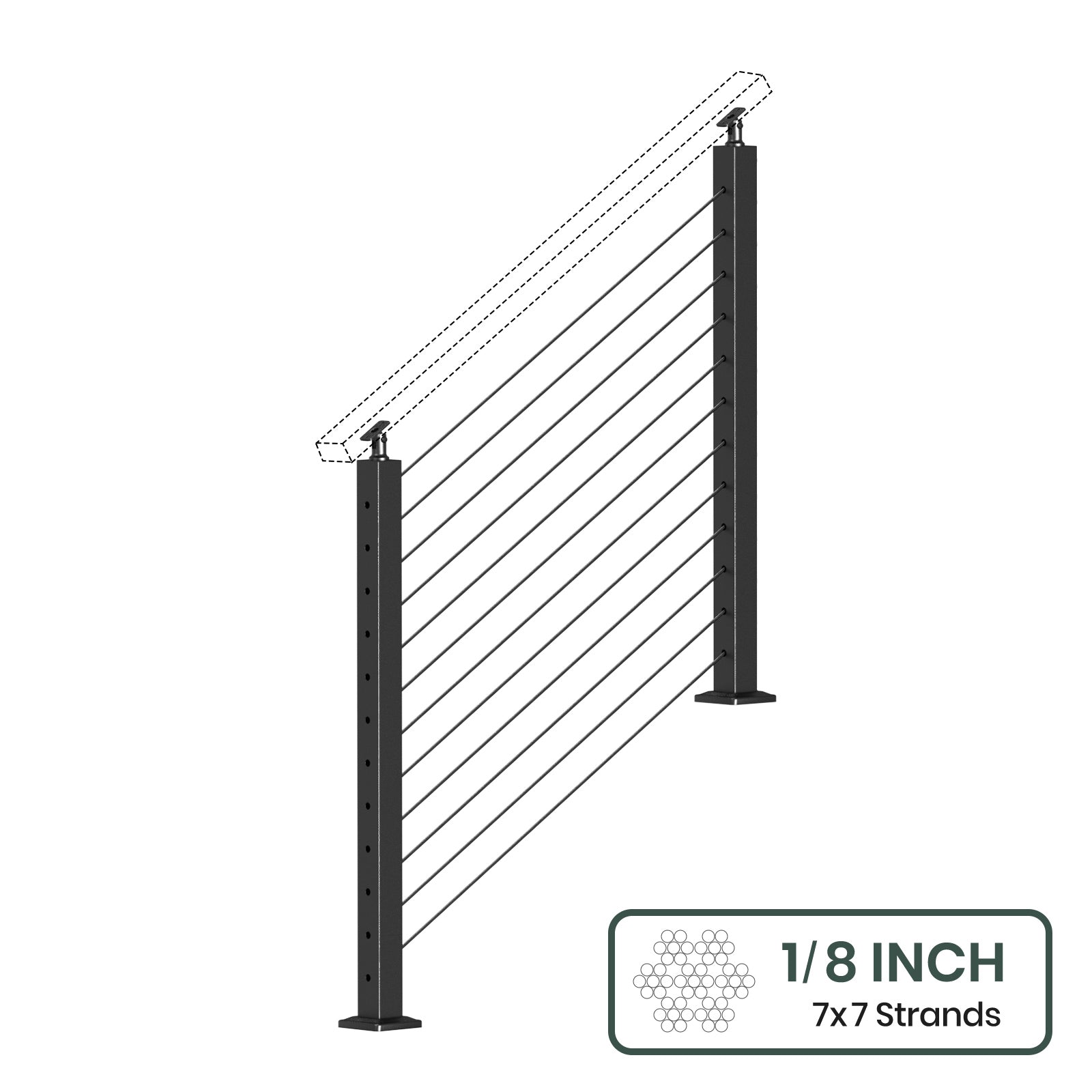 BLIKA 36'' & 42'' Black Surface Mount Stair Cable Railing System DIY Kit (4FT - 20FT, Angled Drilled, No Handrail) - 1/8