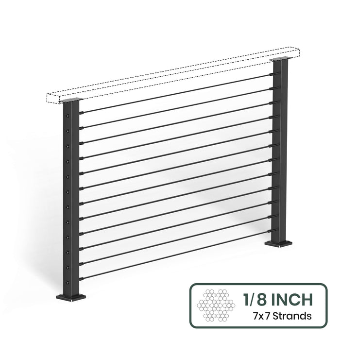BLIKA 36'' & 42''  Black Surface Mount Cable Railing System DIY Kit (4FT - 28FT, Level Drilled, No Handrail) - 1/8" Cable & Hardware