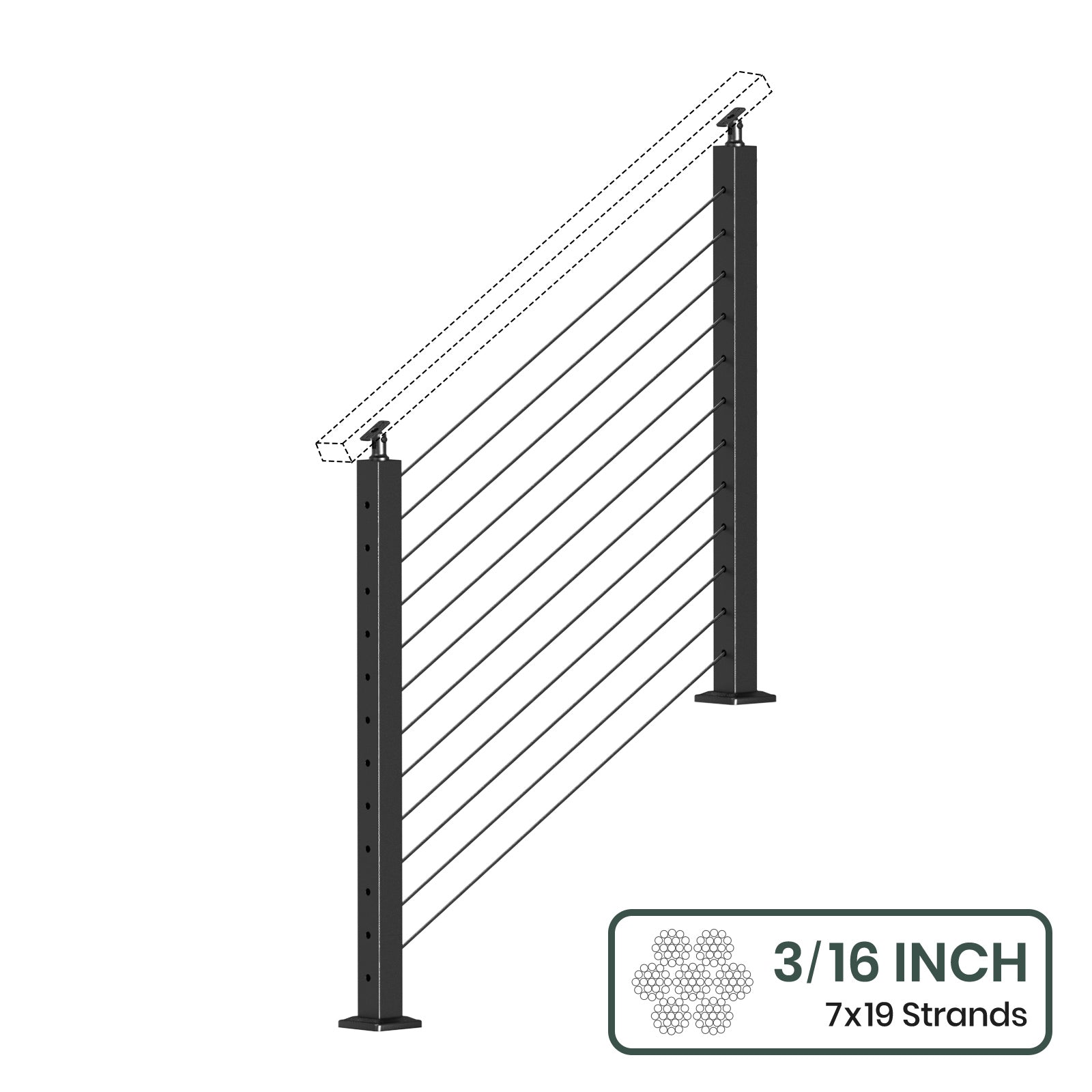BLIKA 36'' & 42'' Black Surface Mount Stair Cable Railing System DIY Kit (4FT - 20FT, Angled Drilled, No Handrail) - 3/16